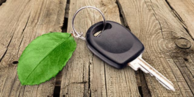 A car key in table with a leaf.