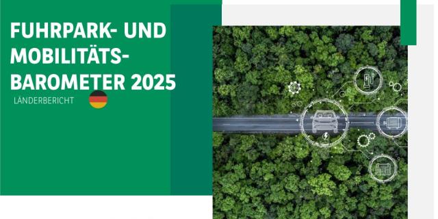 Arval Fuhrpark-und Mobilitäts-Barometer 2025 Bildkomposition aus Waldluftaufnahme mit Icons rund um die Mobilität von Arval
