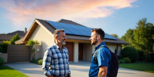 Photovoltaik Anlage Männer vor Garage