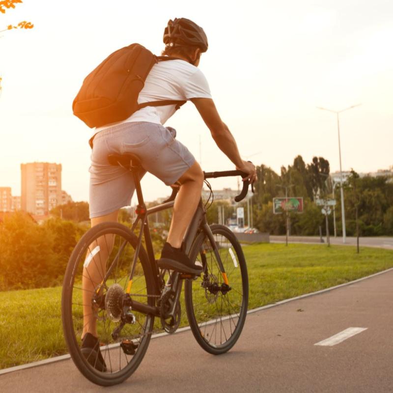 Sicht auf Fahrradfahrer von hinten auf einem Fahrradweg mit Sonnenuntergangstimmung im Hintergrund